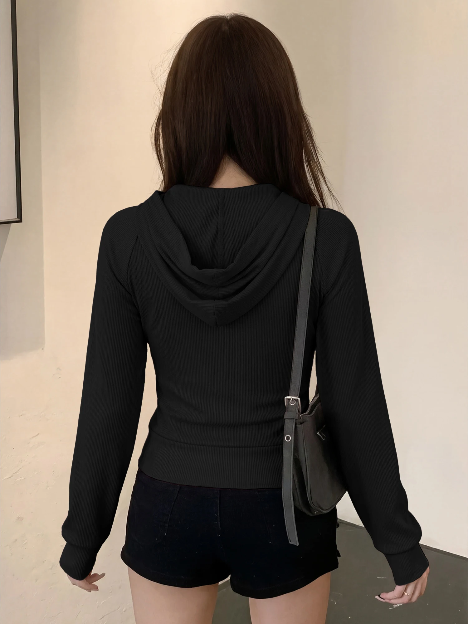 Stretchy Form‑Fitting Zip‑Up Hooded Coat, Cropped Rib Knit Outer for Yoga & Outdoor Activity