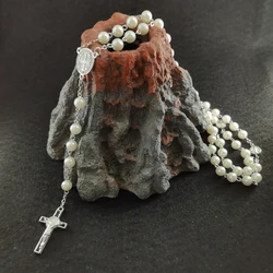 Fashion Handmade Necklace Ladies Imitation Vintage Style Pearl Rosary Beads With Cross Pendant Jewelry