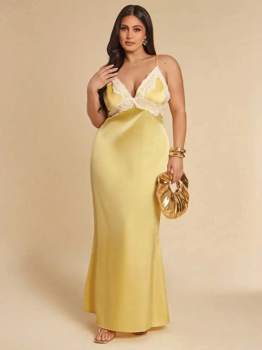 

Plus Size Sleeveless V-Neck Backless Satin Maxi Dress For Party Vacation Wedding Guest