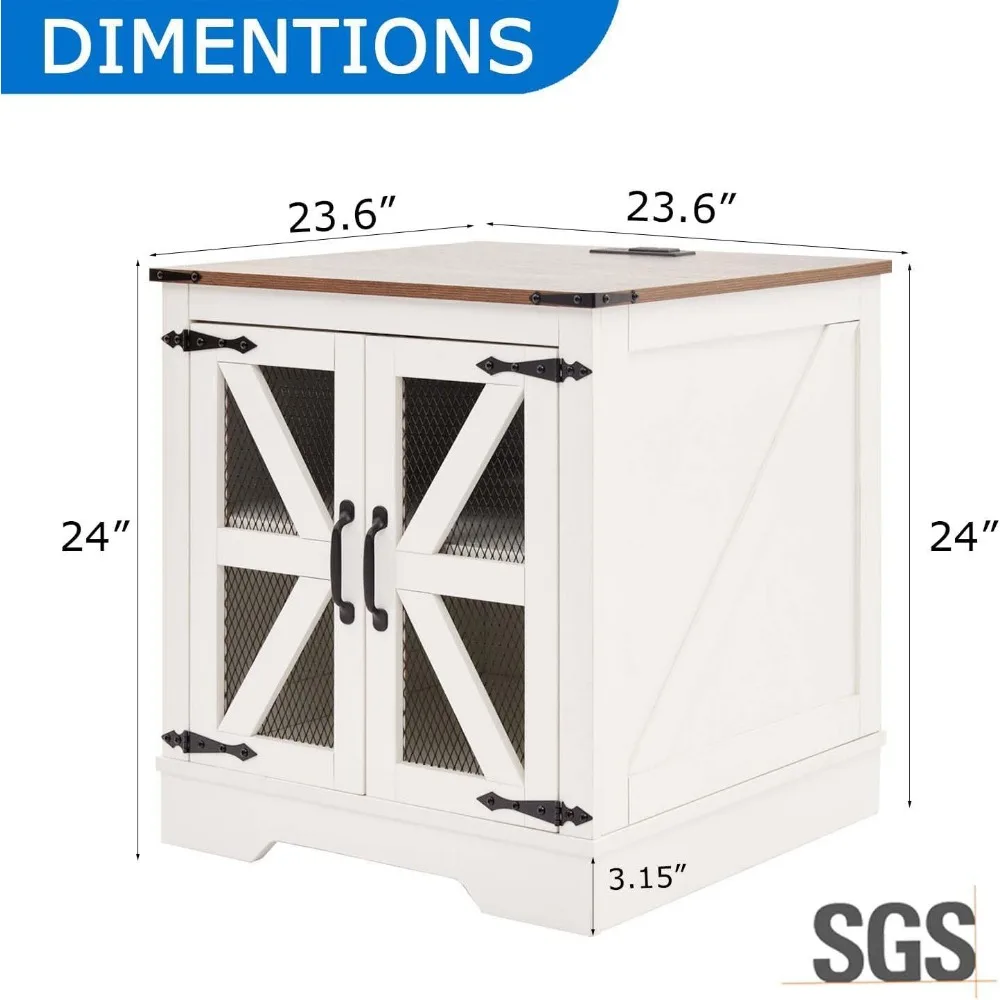 充電ステーション付きホワイトファームハウスエンドテーブル、メッシュバーンドア付き24ウッドソファサイドテーブル、調節可能な収納付きナイトスタンド