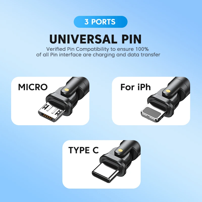 AUFU 3A 고속 충전 케이블 C 타입, 삼성 180 회전 아이폰 케이블, 마이크로 USB 충전기 데이터 코드, 샤오미 리얼미 포코 F3 용