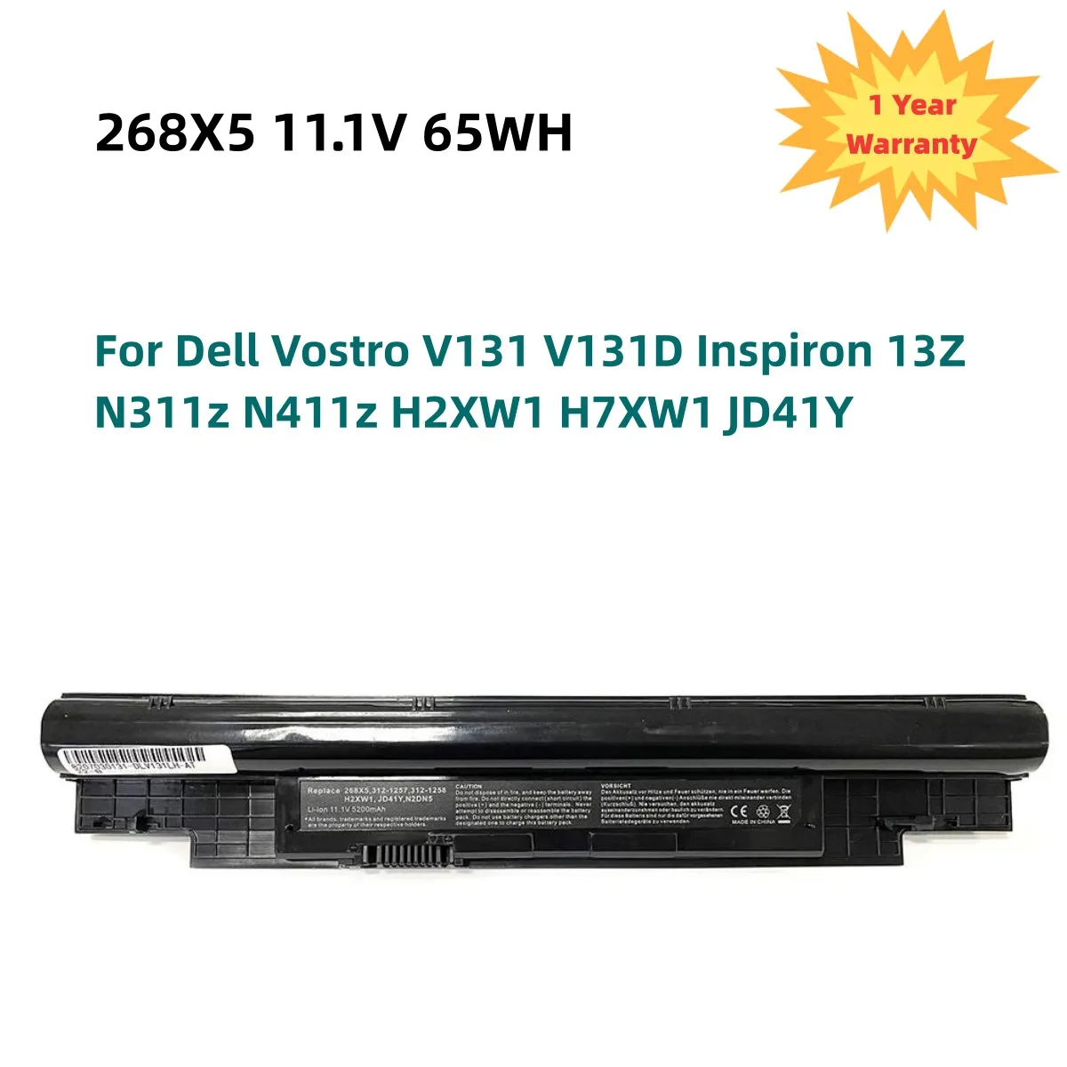 

6000mAh H7XW1 268X5 Laptop Battery For Dell Vostro V131 V131D Inspiron 13Z N311z N411z H2XW1 H7XW1 JD41Y 11.1V 65WH