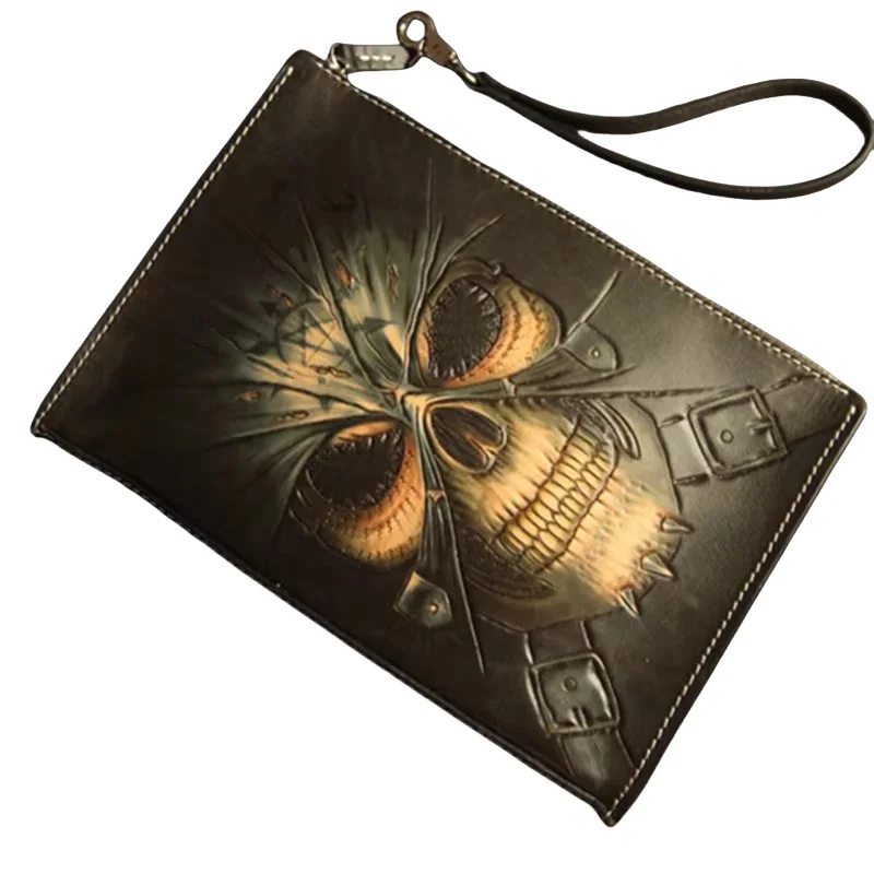 Women Men Vegetable Tanned Leather Skull Devil Bag Money Holder Clutch Purse Clutches Cow Lerther Envelope