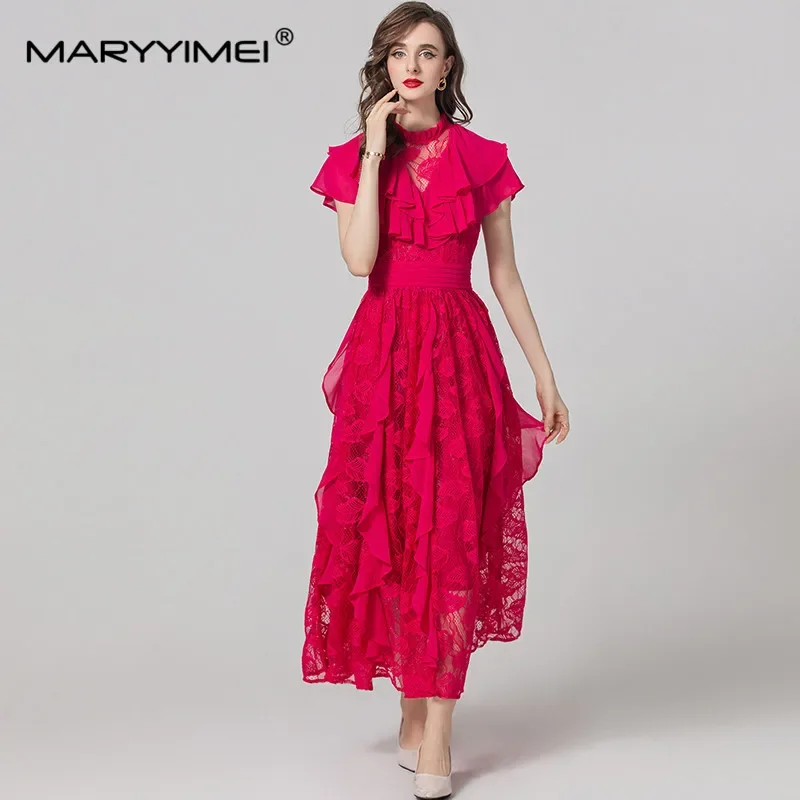 

MARYYIMEI модный дизайн весна-лето женские кружевные элегантные платья с короткими рукавами и воланами по краям