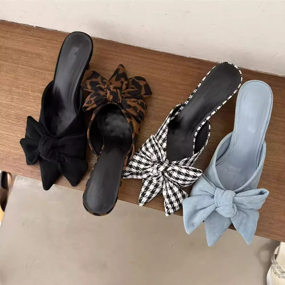 Bowtie Mule Shoes Women Fashion Pointed Toe Stripe Wave Slip-on Sandals Ladies Luxury Satin Silk Outdoor Flat Slippers