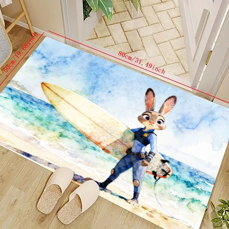 

1PC Zootopia Judy Hopps Surfing Watercolor Beach Floor Mat, Non-Slip Soft Absorbent Entrance Doormat for Living Room Bedroom Bat