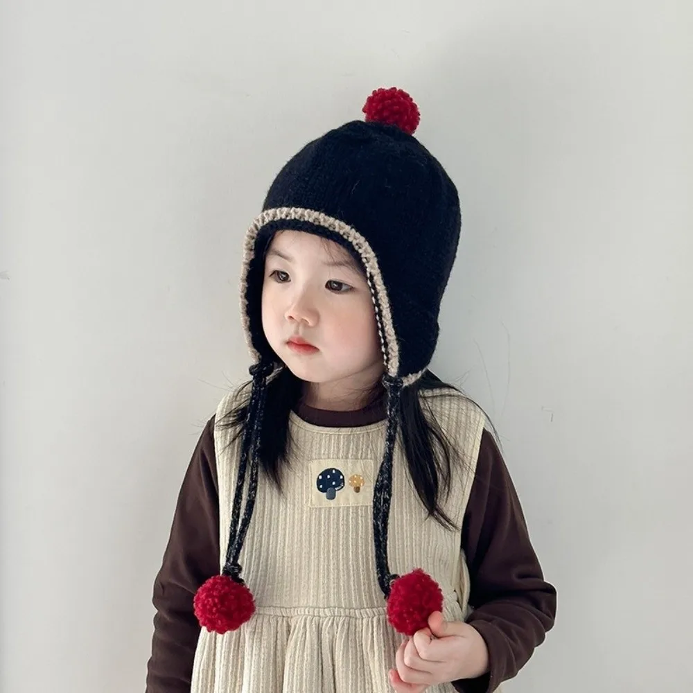 

Korean Winter Baby Knitted Cap Thick Bobbles Baby Beanie Cap Warm Tassel Ear Protection Hat Kids