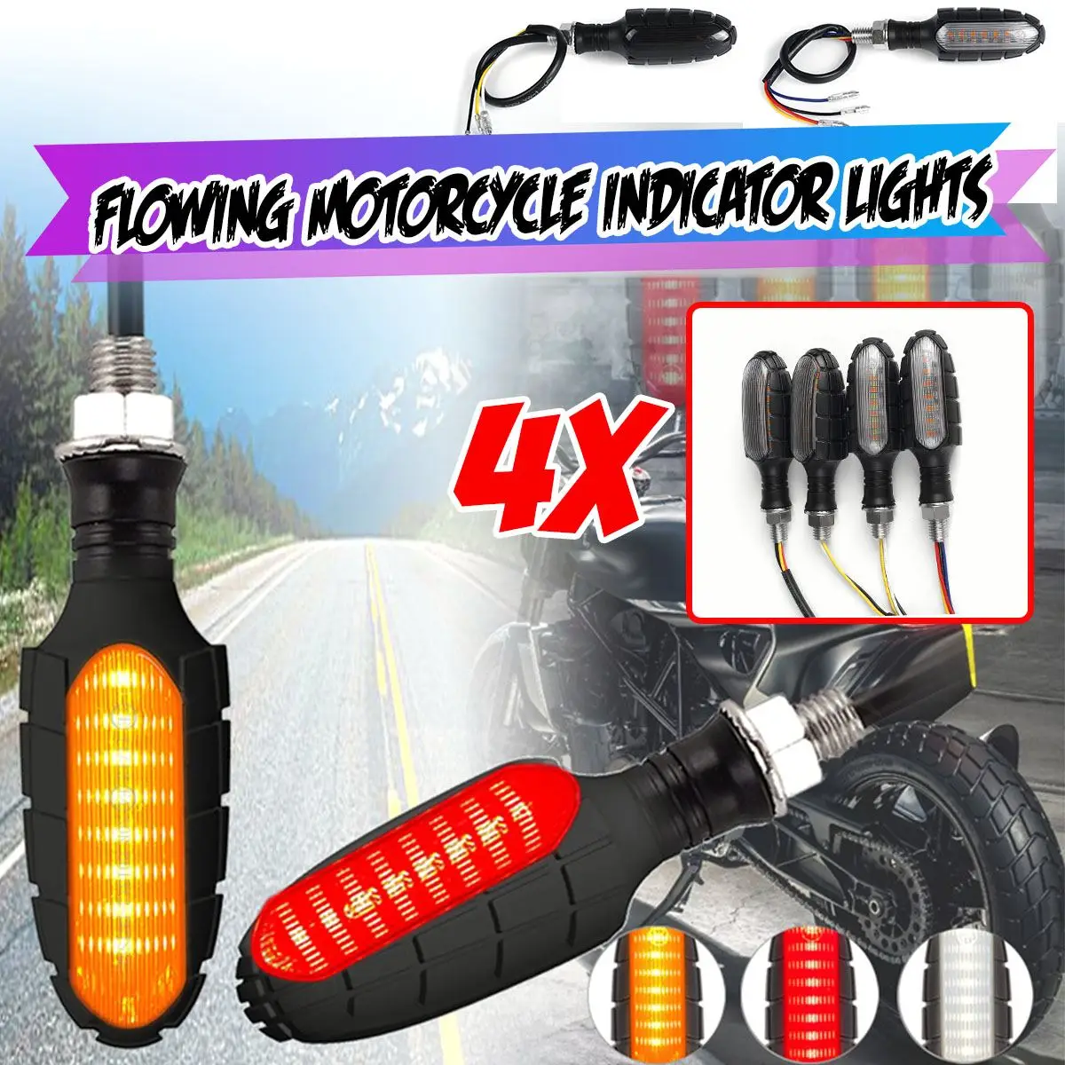 4x 16LED Dynamic Motorcycle Indcator Lights Scan Starting Turn Signal Lamp Off-road Brake Stop Tail DRL Daytime Running Light