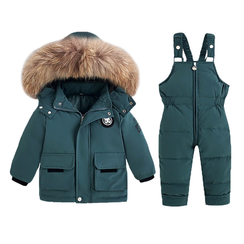 Bambini Down Suit inverno vera pelliccia collare neonate tuta da neve cappotto 2 pezzi Set bambini Outwear e tuta Warm Boy tuta da sci 1-5Yrs