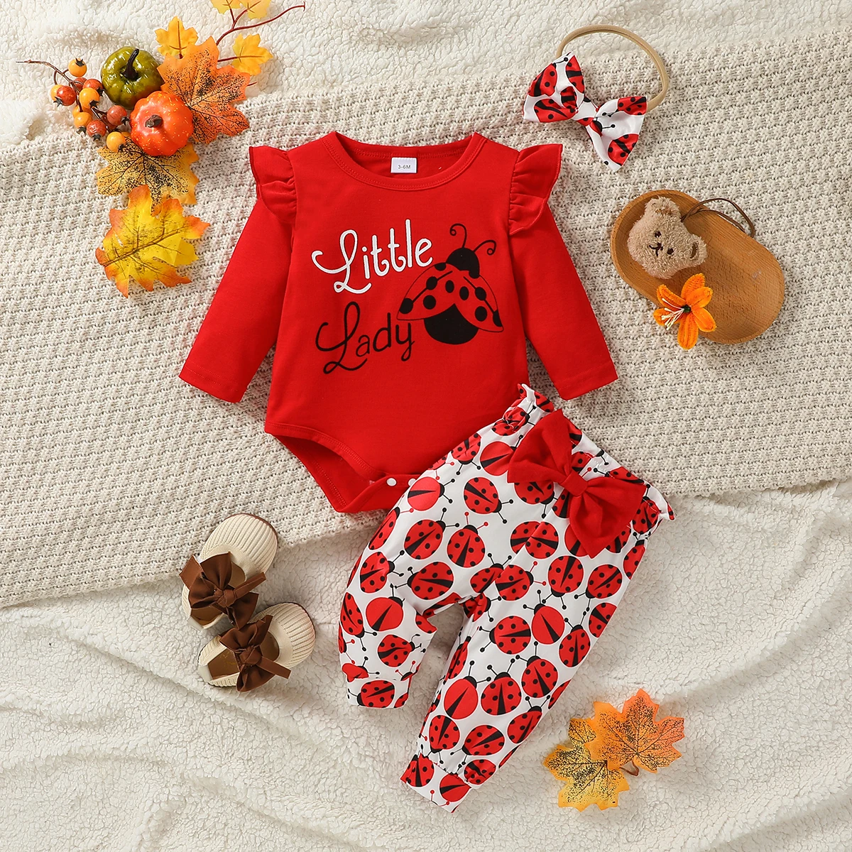 3pcs Baby Girl  Ruffle Long-sleeve Ladybird Letter Print Romper and Bowknot Trousers Set+Headband