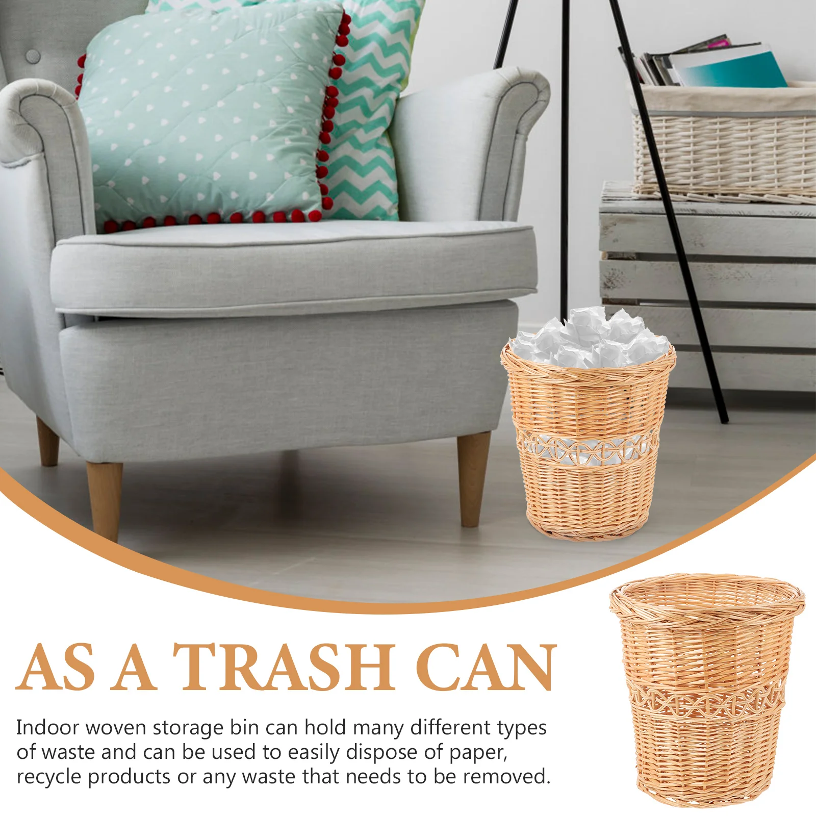 

Household Woven Trash Basket Pastoral Style Long-Lasting Wicker Garbage Bin Indoor Multi-Purpose Waste Basket Wicker Baskets