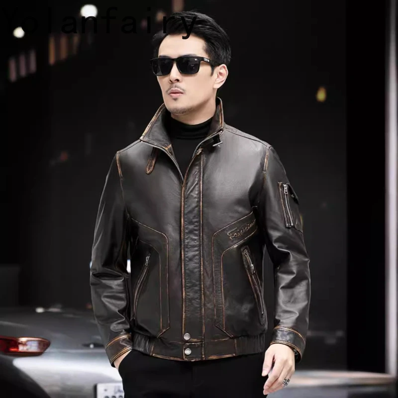 YOLANFAIRY Goat Skin Genuine Leather Mens Jacket Spring Autumn Coat Slim Fit Style Handsome Tops Jaquetas Masculina De Couro