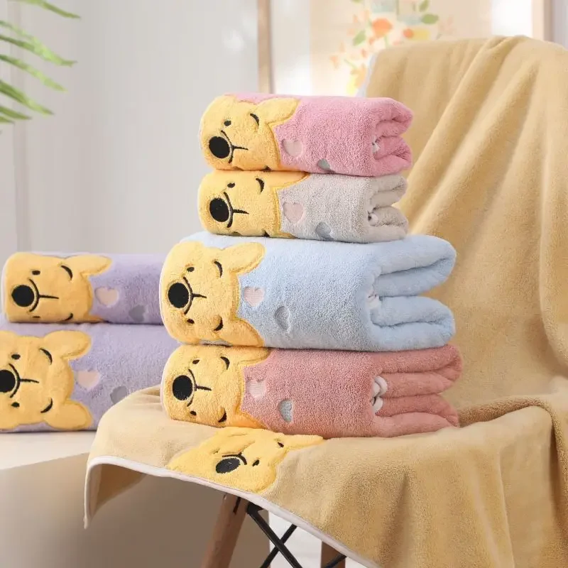 2Pcs Winnie Bear Towel Bath Towel Set Soft and Absorbent Coral Velvet Bath Towel Home Wash Towel Children\'s Cartoon Bath Towel