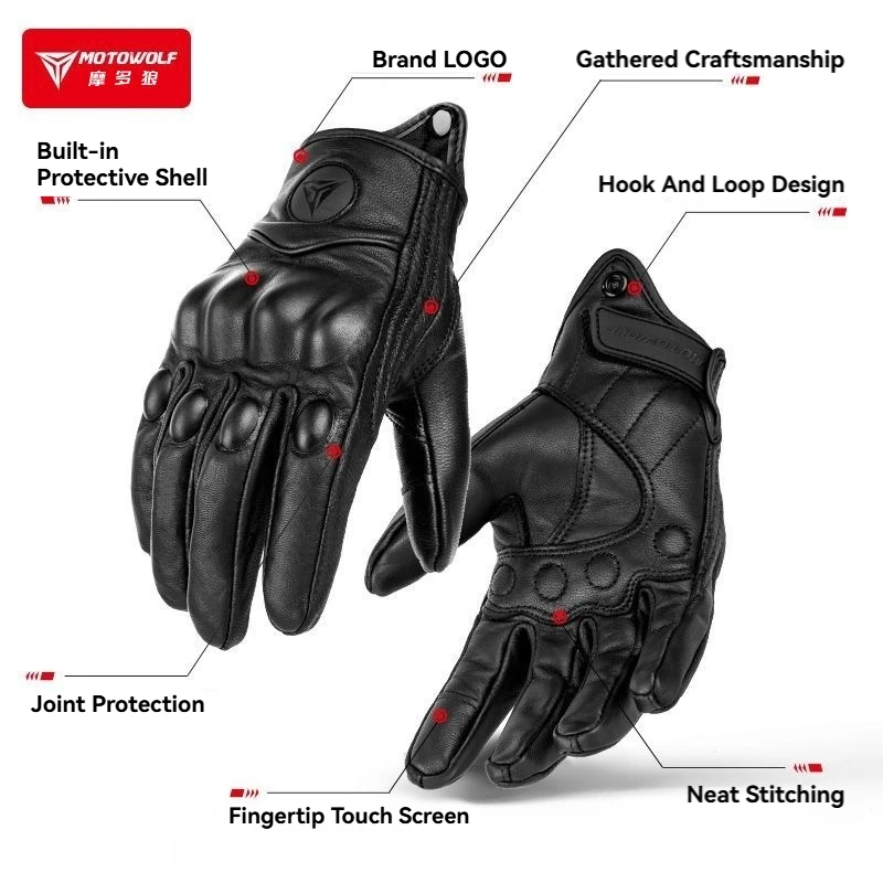 MOTOWOLF Motorcycle Genuine Leather Gloves Vintage Knight with Holes Summer Breathable Full Finger Anti-fall Leather Gloves 5