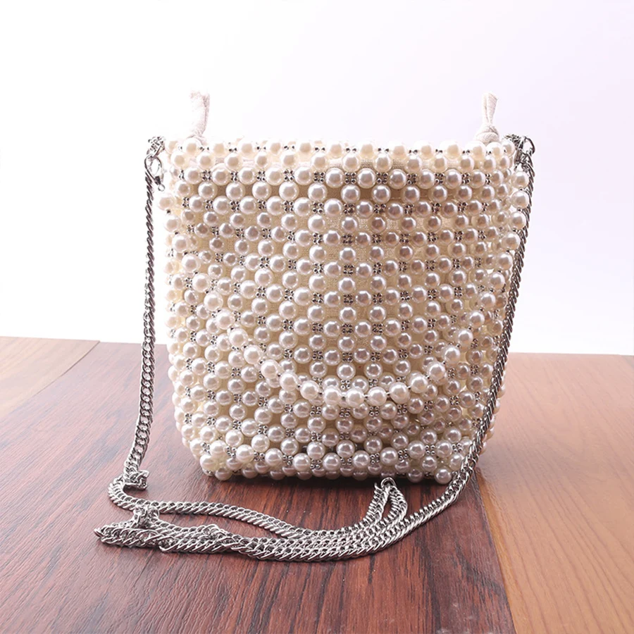 ZA New Pearl Beaded Bag White Beaded Fairy Portable Messenger Bags with Chain Female Purses and Handbags Cross Body Bag Woman