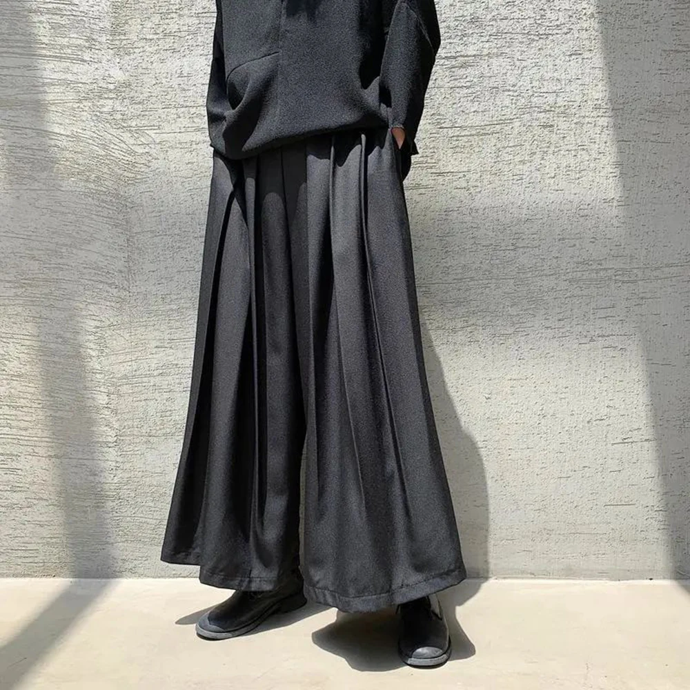 Mens Dark Gothic Casual Slightly Pleated Culottes Genderless Streetwear Japanese Fashion All-Match Samurai Pants Hakama Unisex