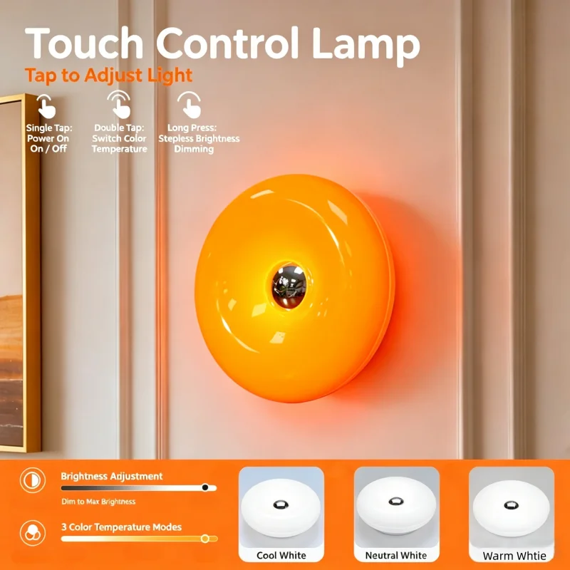 Orange Doughnut Shaped Atmosphere Lamp USB Rechargeable Touch Control Tri-Color Stepless Dimming Bedroom Bedside Table Lamp