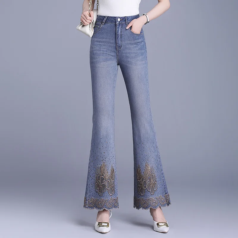 

Fashion Embroidered Nine-point Flared Jeans for Women, Autumn High-waisted Slimming Petite Elegant Bell-bottom Pants