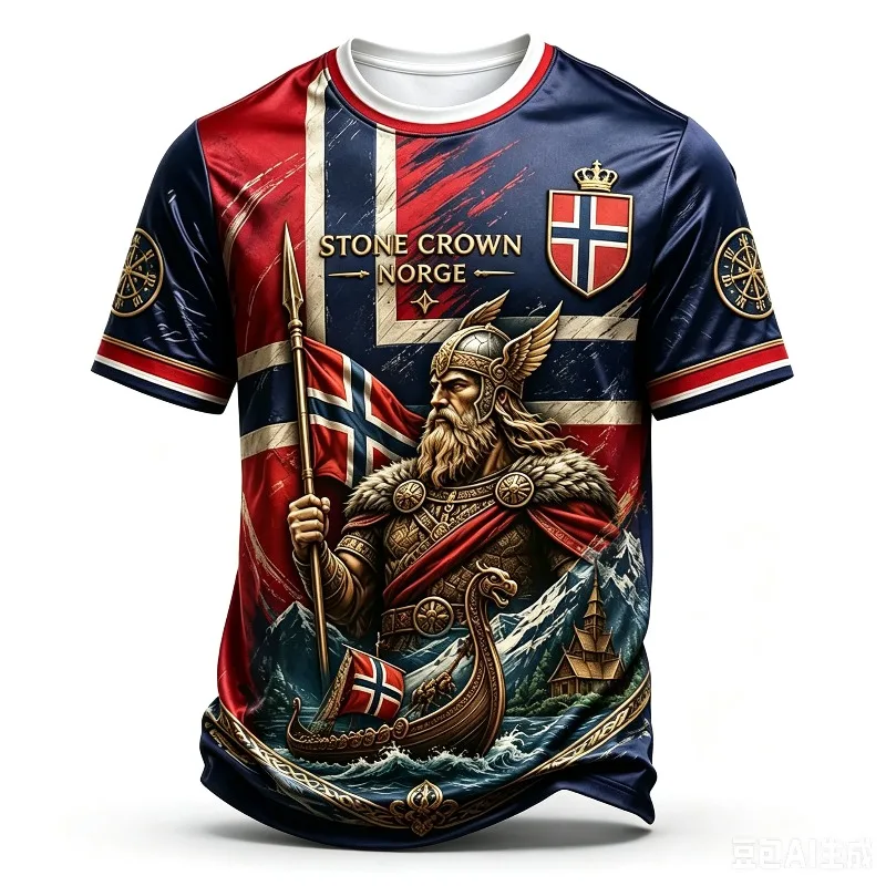 Norge Norway Fan Inspired 3D Print Soccer Jersey Viking Warrior Graphic Crew Neck Quick Drying Unisex Norse Football T-shirt