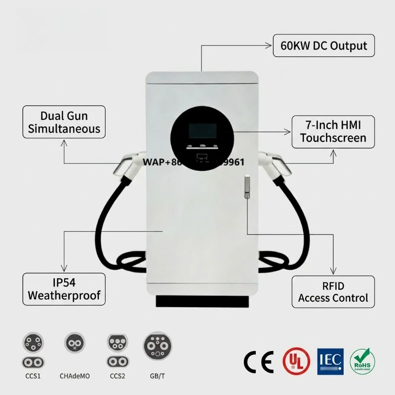 40KW 60KW GBT Dual  DC EV Charging Station 7 Inch Touch Screen OCPP 1.6J 4G RFID IP54 3 Phase Electric Car Charging Station