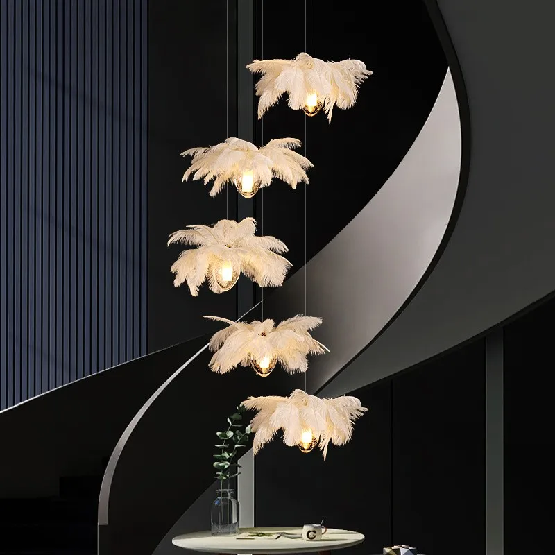 New Modern Staircase Feather Chandelier Ostrich Glass Design Pendant Chandelier Lighting Home Decor Suspend Lustre Fixtures