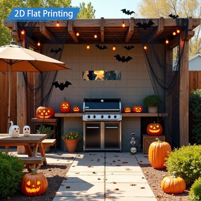 1pc 4x16インチ メタルサイン ハロウィン 2D フラットプリント メタルサイン - 不気味な城 & カボチャのシーンの装飾