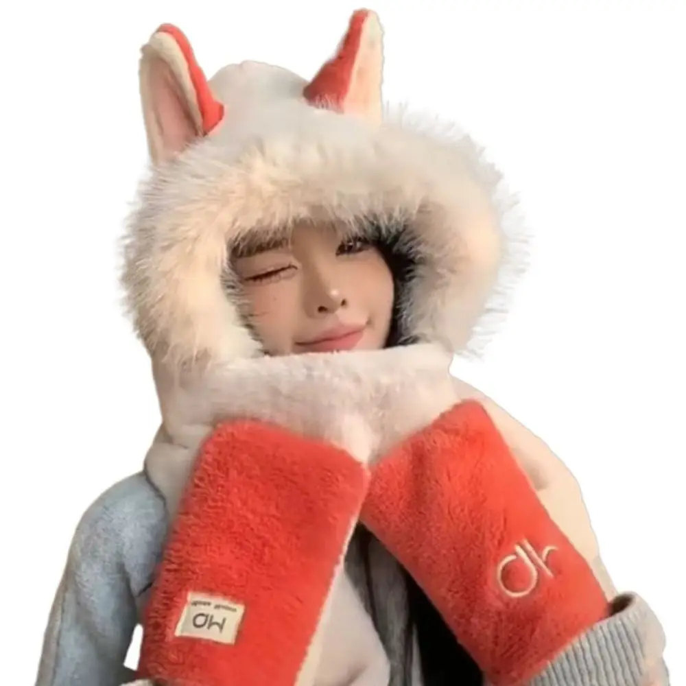 

Furry Scarf Hat Glove Three-piece Set Fox Ear Thickened Beanies Cap Scarf Warm Casual Scarf Set Hooded for Women Sweet Girl