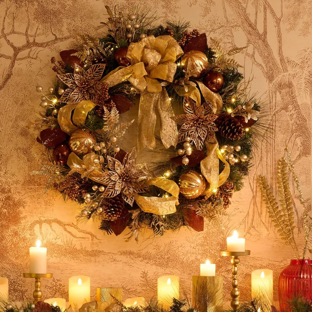 30 Inch Pre-Lit Fall Wreath for Front Door with Lights, Large Lighted Christmas Wreath with Bronze Copper Gold Xmas