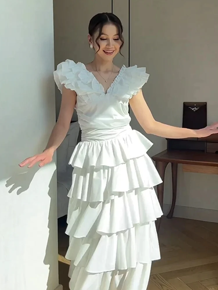 

AsaNagi A Line Chiffon Prom Gowns Women's V Neck Layered White Party Evening Gown Ankle Length Saudi Special Occasion Dress 2024