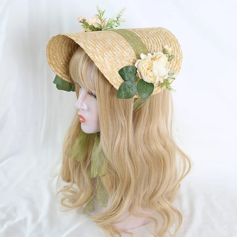 Lolita Headdress Hat Headpiece Hair Accessories Flat Top Hat Ruffle Lace Lolita Straw Hat With Strap Ribbon Flower