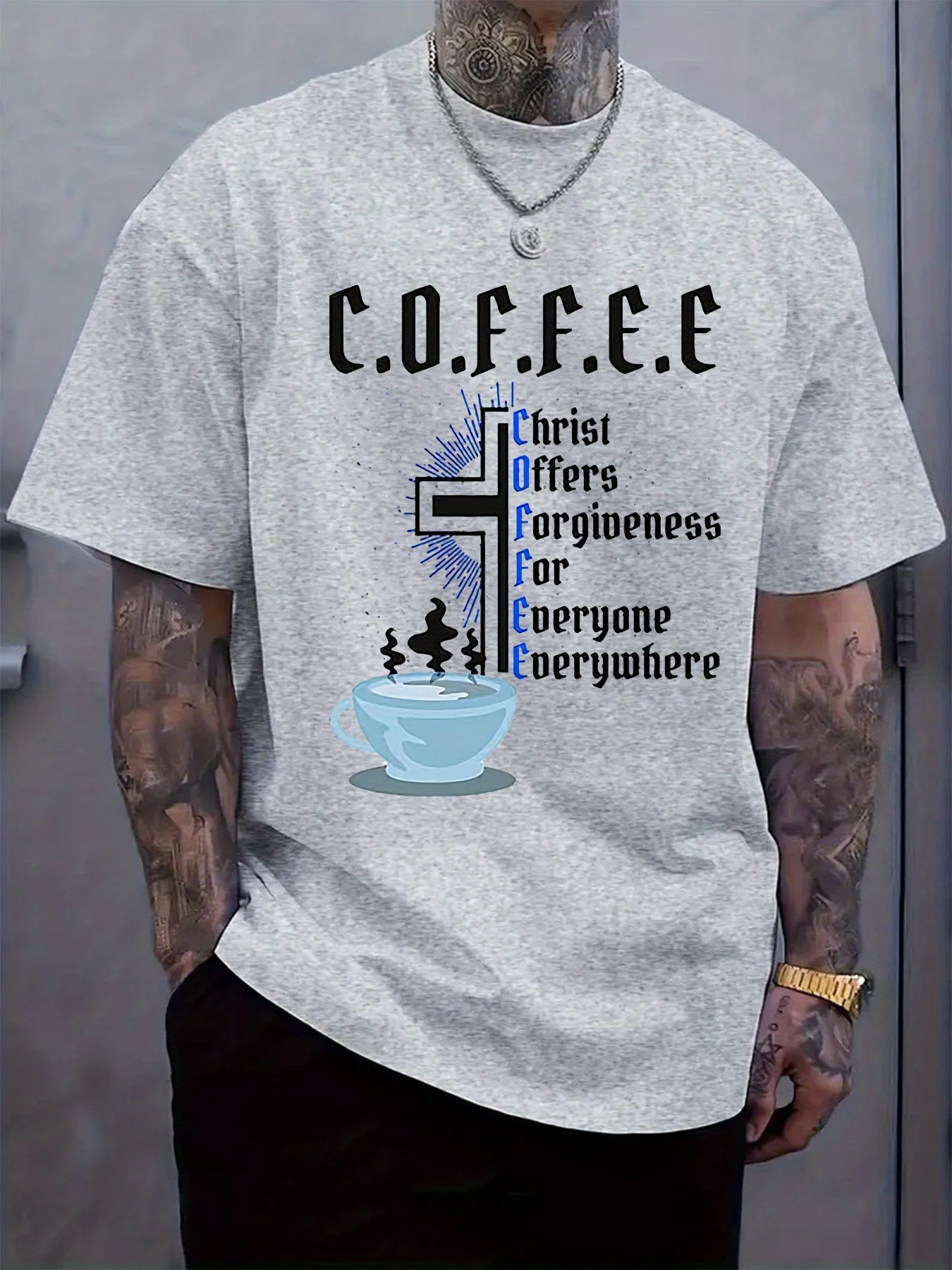 Christ Offers Forgiveness for Everyone Everywhere. Christian Coffee T-Shirt 100% Cotton O-Neck Short Sleeve Casual Mens T-shirt