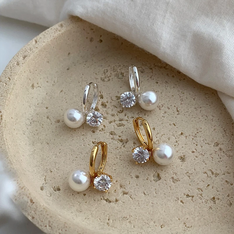 Pearl Zircon Earrings for Women Gold Silver Color Ear Cuff Dangle Hoop Earrings Copper Alloy Dainty Bridal Jewelry Gift for Her - view 3