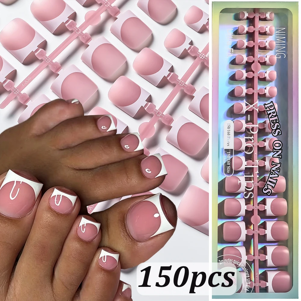 150 Stück Rosa Lila Weiße French Press-On Zehennägel Weiße French Wiederverwendbare Kurze Eckige Künstliche Zehennägel DIY Damen Urlaubs-Fußdekoration