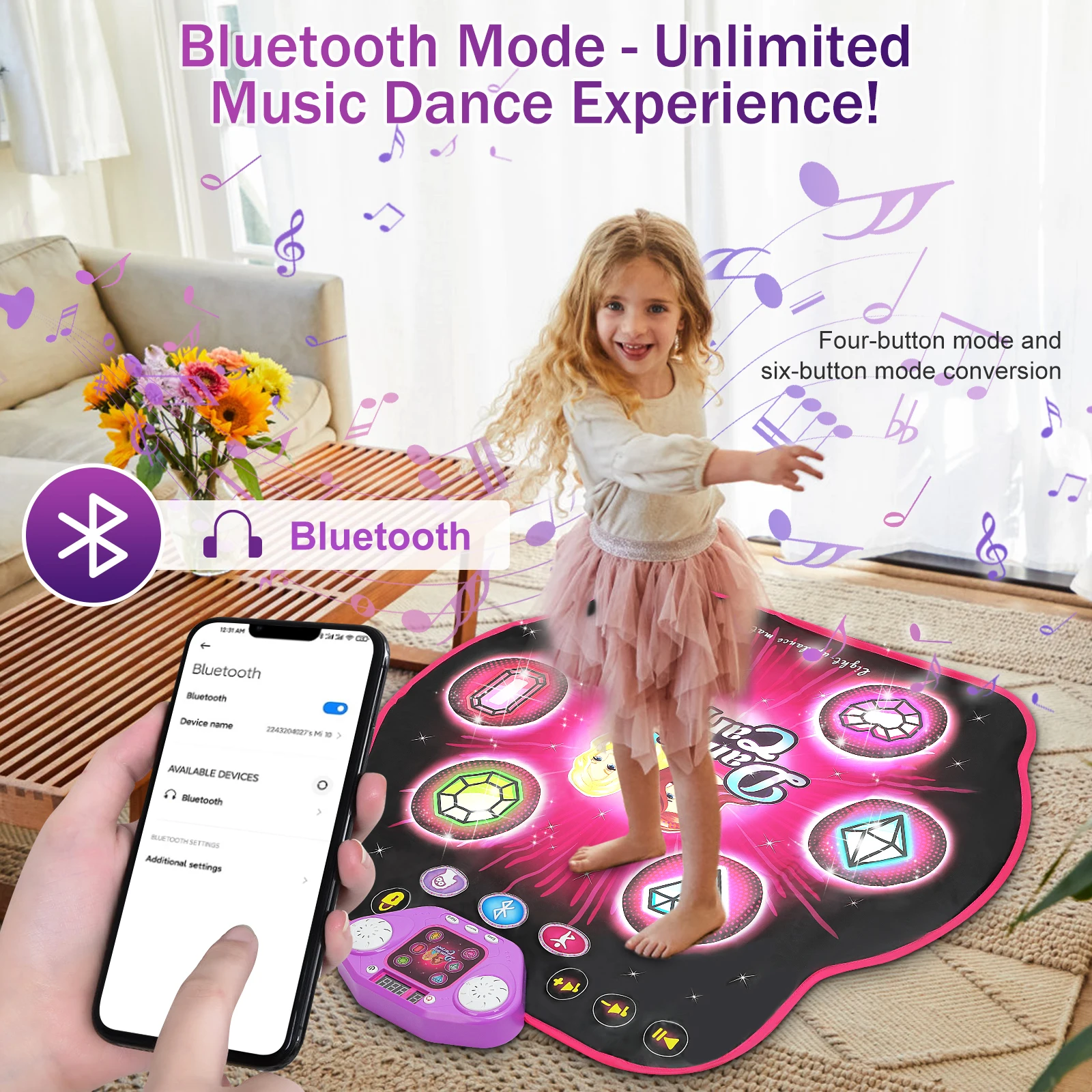 VATOS Outdoor Dance Mat 27 Levels for Girls Kids 6 LED Keys Light Up Bluetooth Lock 5 Music Dancing Game Toy Ages 3~8 Years Old