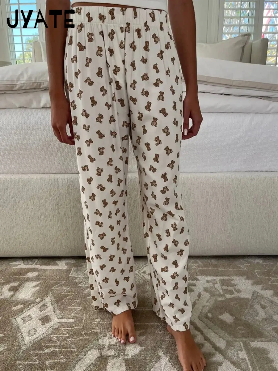 

Sweet Classic Little Bears Print Long Pants Women Cotton Soft Casual Elastic High Waist Straight Pant Cute Chic Y2K Trousers New