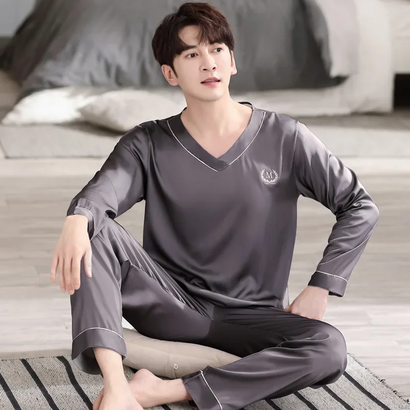 

Men's Pajamas Cotton Fall Thin Section Long-sleeved Men Can Be Worn Outside The New Casual Simple Homewear Suit Gentlemen