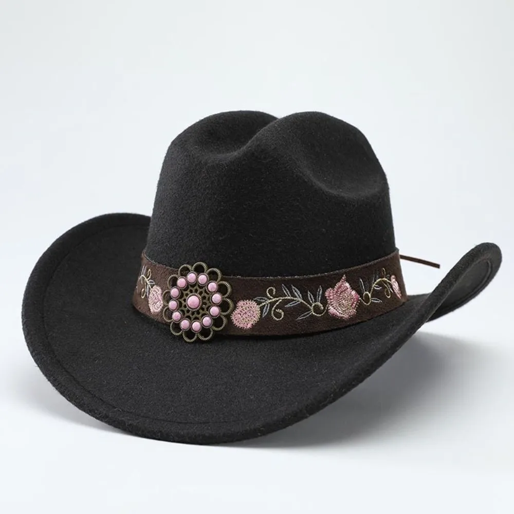 High-End Wide Brim Felt Western Cowboy Hat Soft Floral Embroidery Fedora Hat Leather Belt Decoration Polyester Sun Hat Wedding