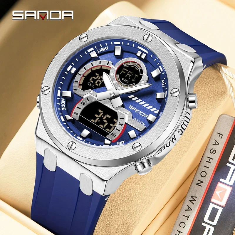 SANDA Fashion Business Men's Watches,High-grade alloy,Multi functional Waterproof Electronic Quartz Dual Display Student Watch