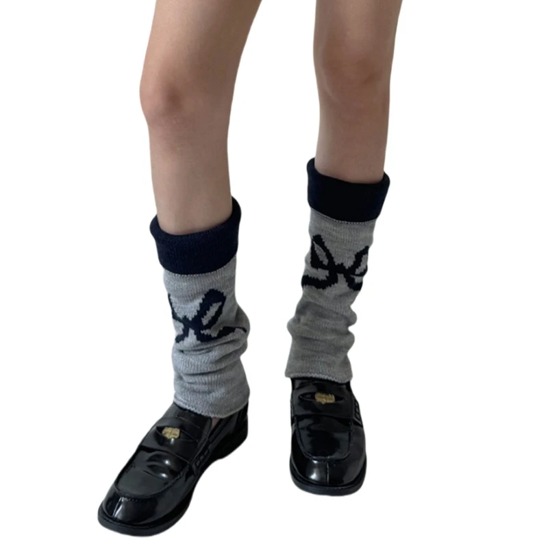 Leg Warmers with Bowknot Print Reversible Knit Foot Covers Footless Calf Socks