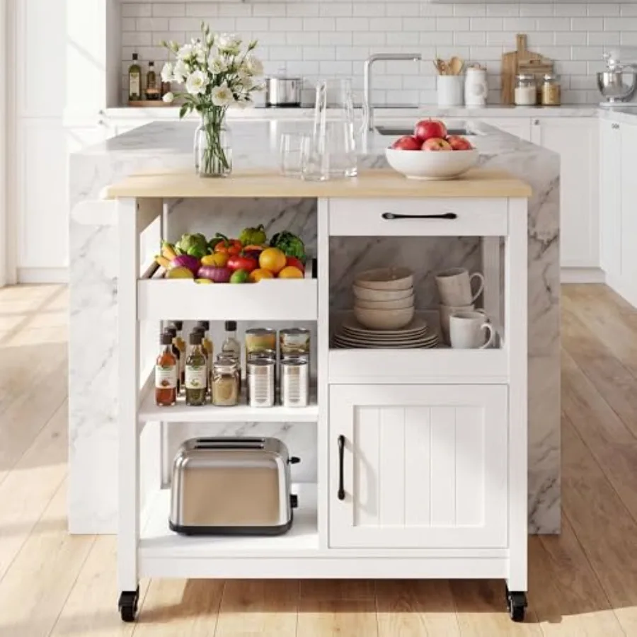 

Kitchen island with storage for home use, white and natural wood finish, rolling on wheels, includes cabinet, open shelves, and