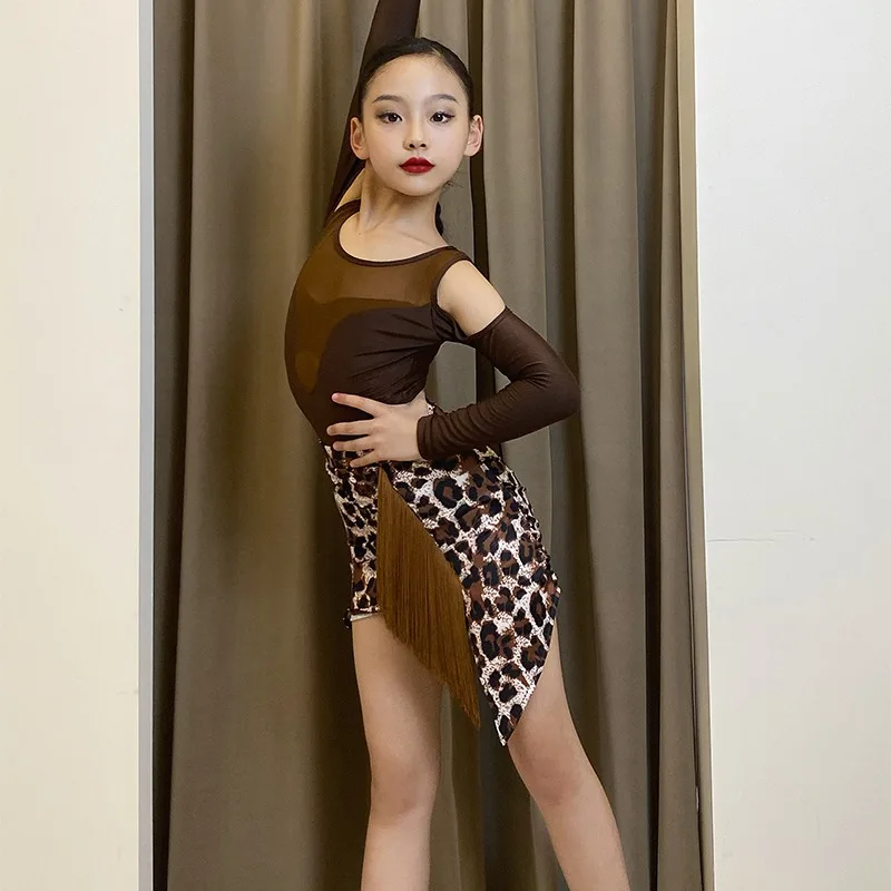 فستان رقص لاتيني مخصص لزي ممارسة الأطفال الراقية للفتيات بأكمام طويلة مجموعة زي الأداء