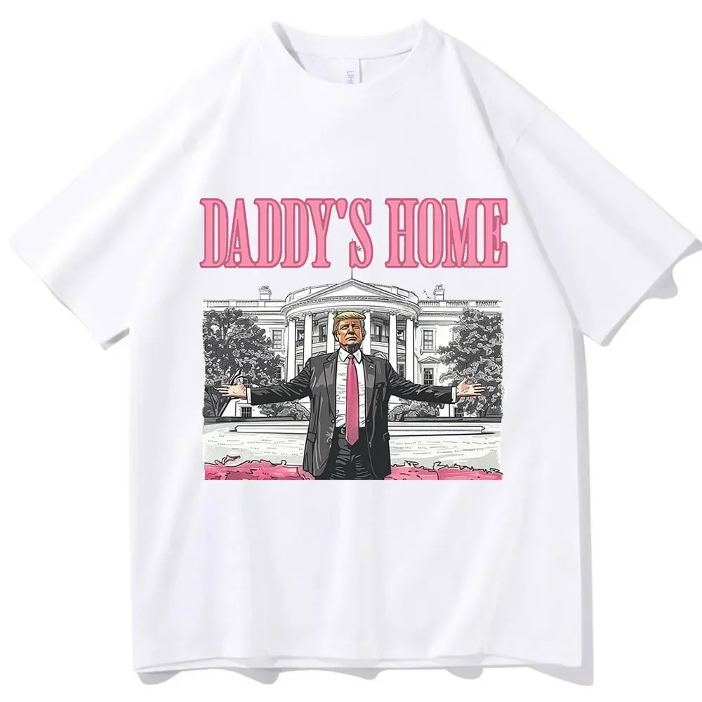 Daddy's Home Trump 2024, kaus lengan pendek leher o hadiah MAGA untuk pria wanita Streetwear