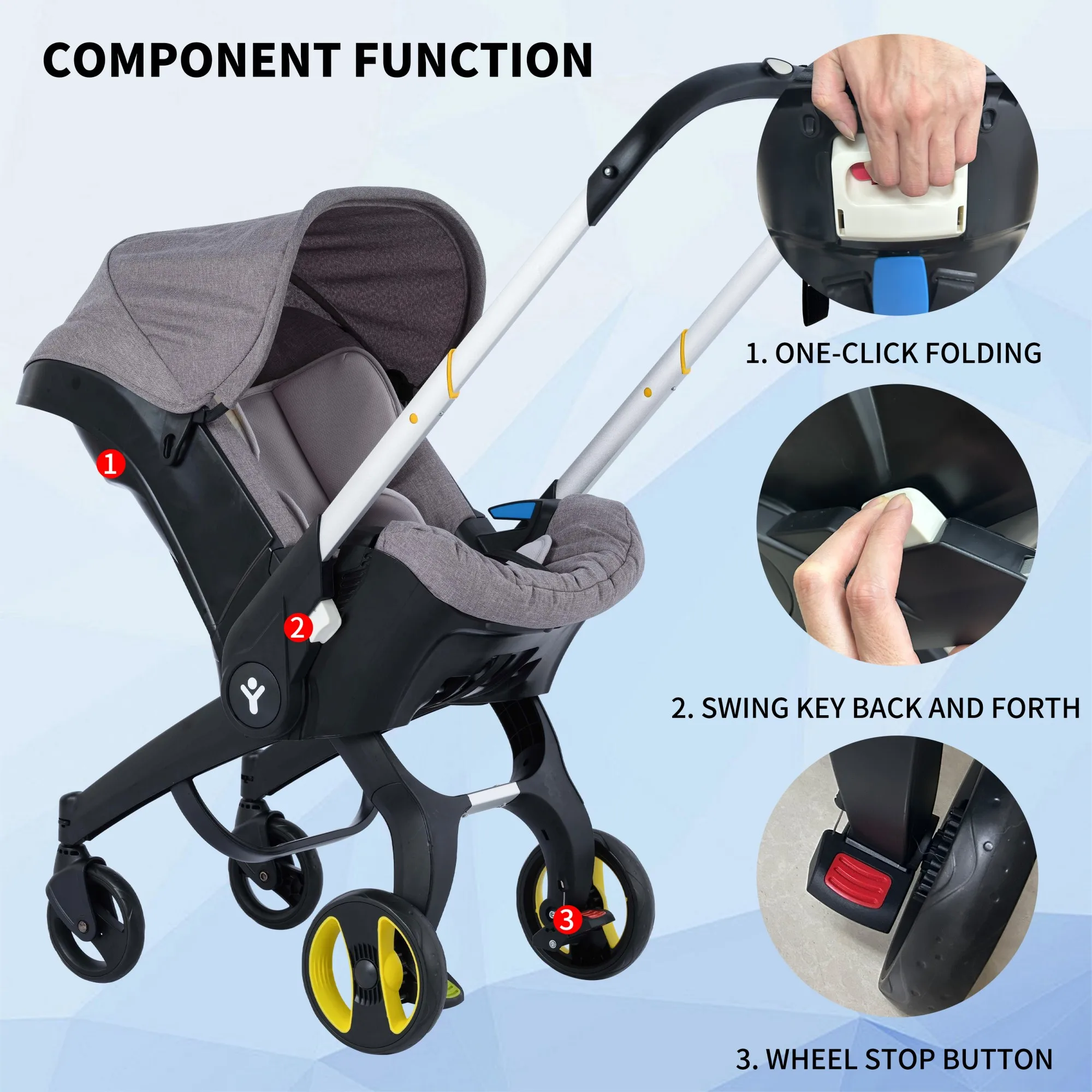 

Portable, lightweight and folding baby stroller, metal frame, can be pushed in both directions, comes with sunshade