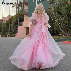 Customized Pink A Line Long Prom Dresses Organza Short Sleeves Ruffles Sexy Deep V-neck Women Formal Evening Dress Party Gowns