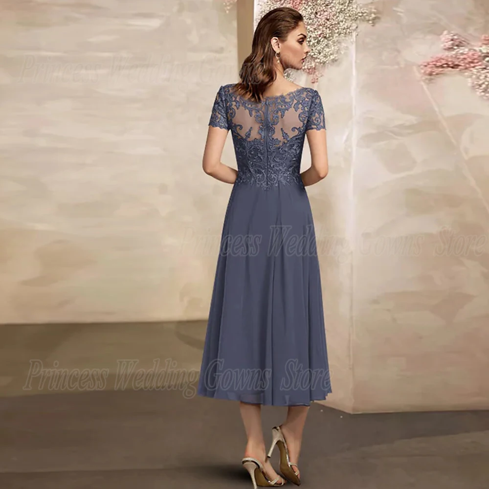 Tea Length Chiffon Mother Of The Bride Dresses For Woman Short Sleeves Applique V Neck Elegant Wedding Guest Gown Zipper Back