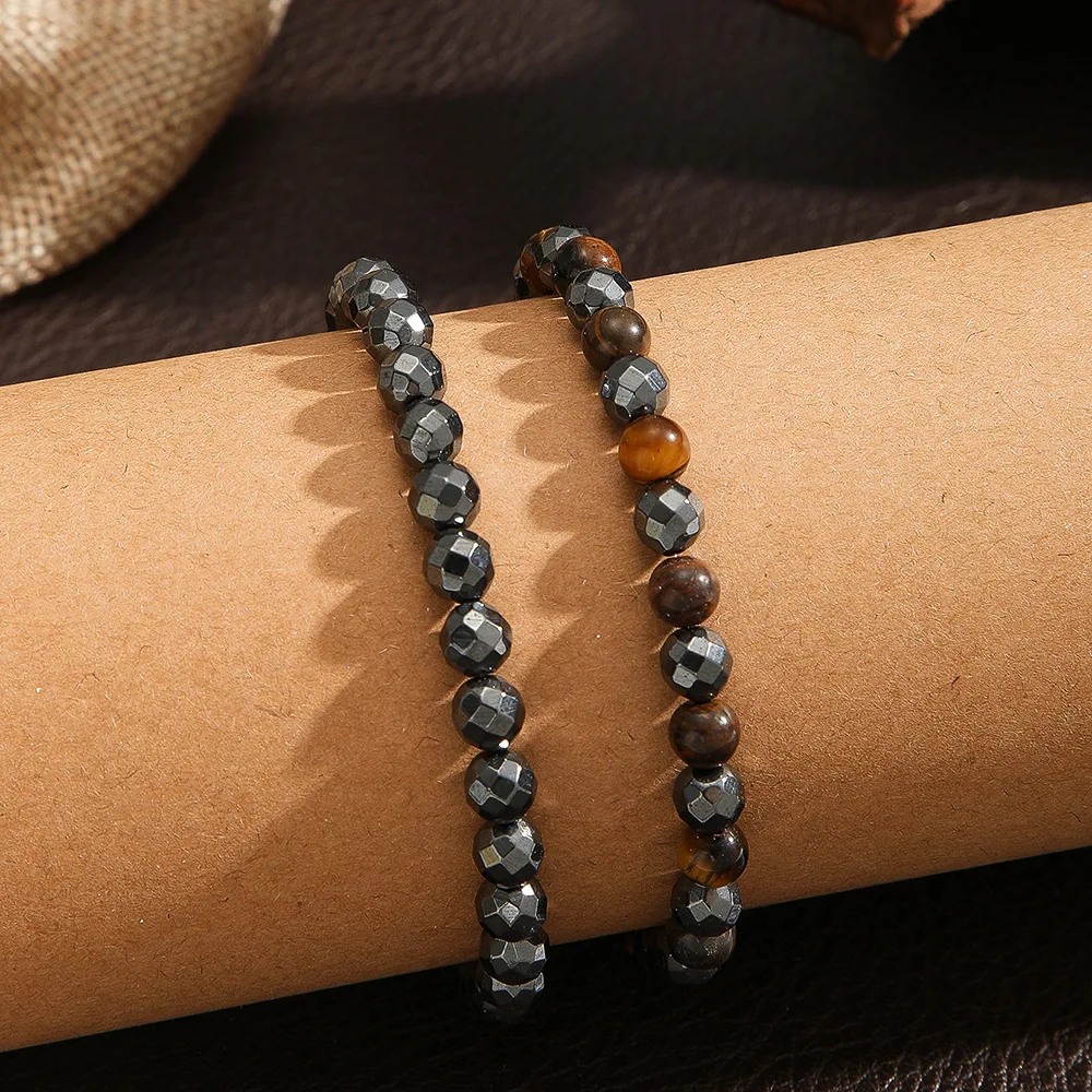 Unregelmäßiges Schwarzes Gallenstein-Streifenperlen-Armband Retro Herren Doppelschicht-Armband Modischer Party-Schmuck Trendige Accessoires – Detail 4