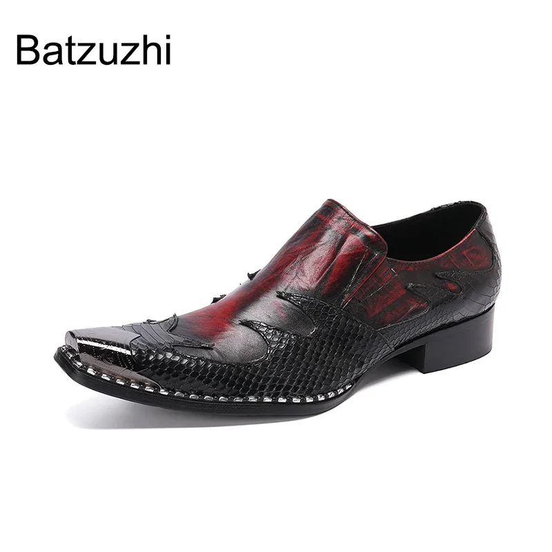 Batzuzhi Italian Style Fashion Men's Leather Shoes Pointed Metal Toe Wine Red Formal Business Dress Shoes Men for Party /Wedding