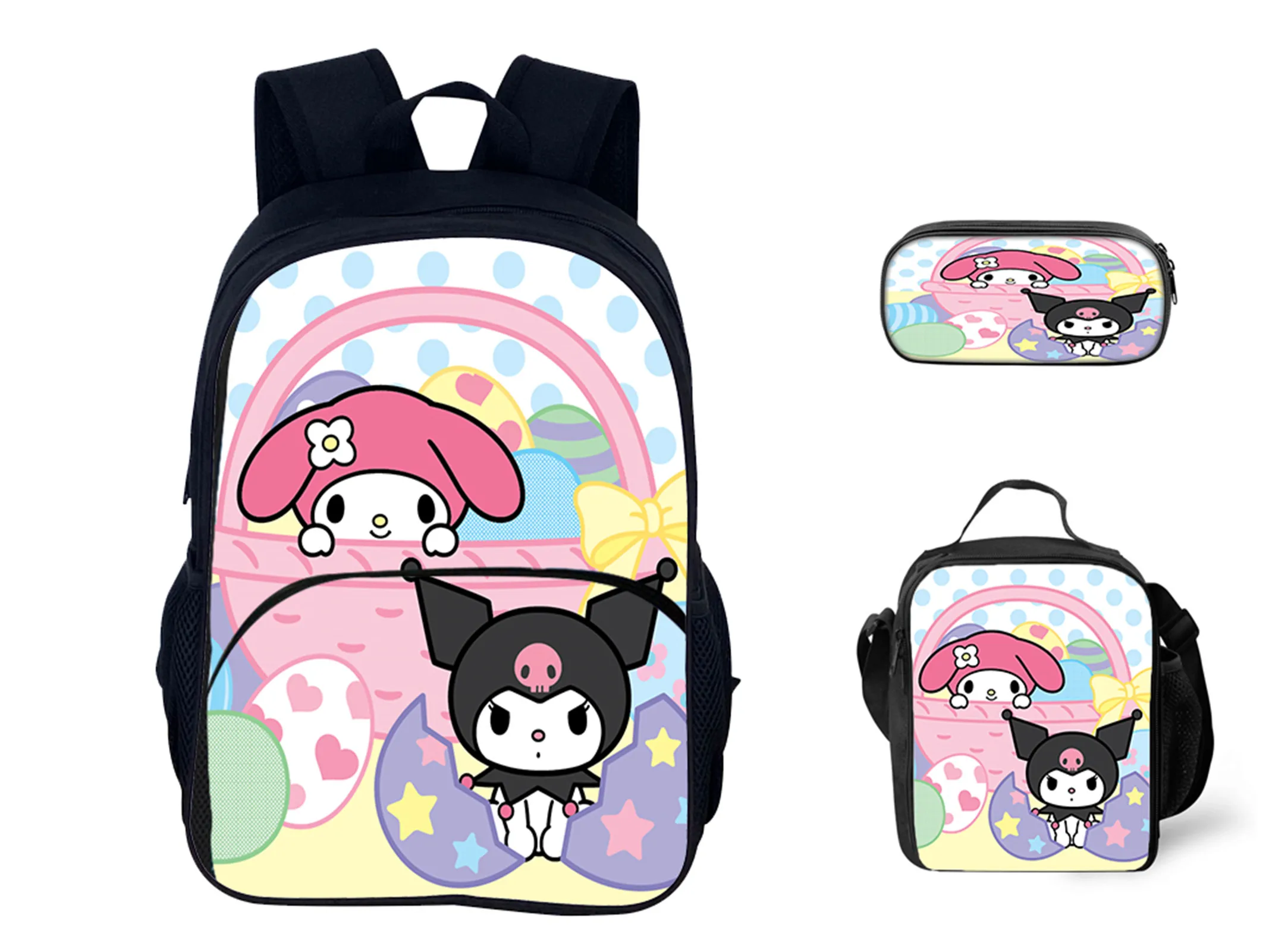 

Little Boy Girl Kuromi Waterproof Backpack+Insulated Lunch Box+Pencil Case 3 in 1 Knapsack Set for Student