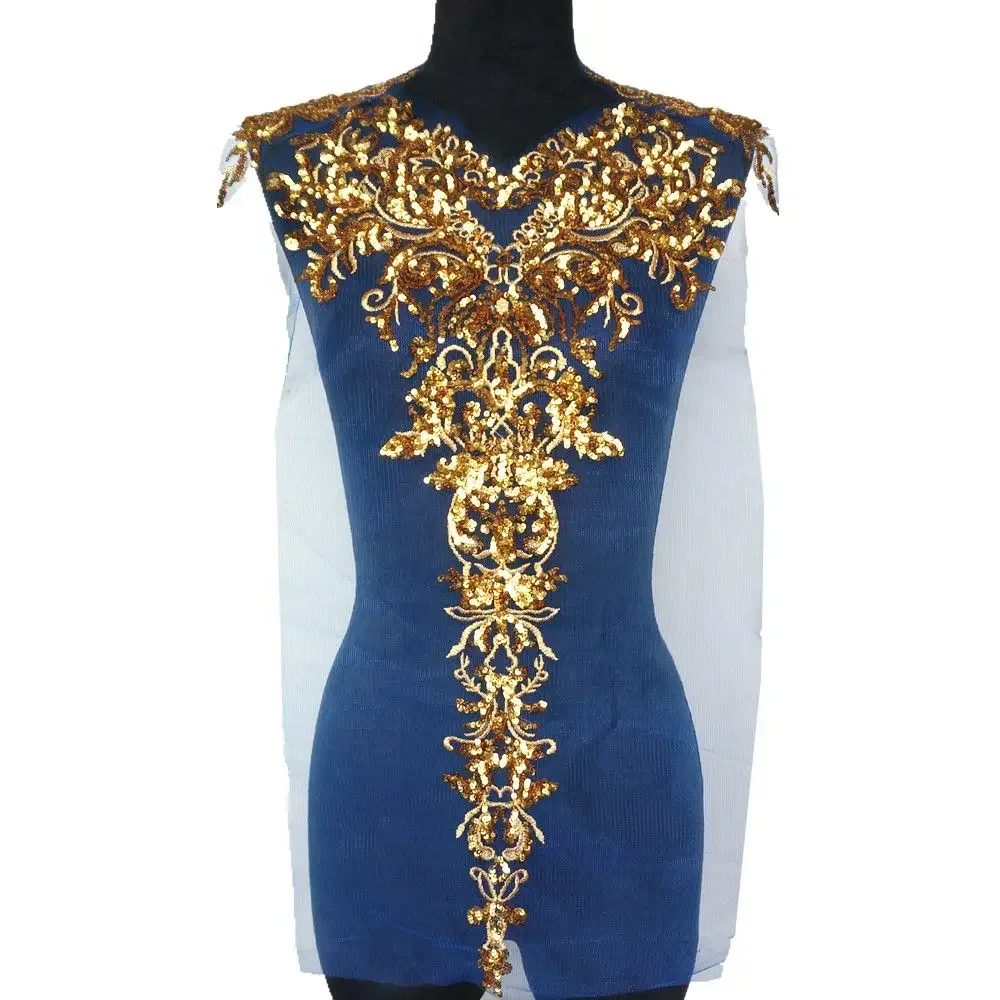 1 Set Gold Sequined Appliques Red Blue Black Mesh Epaulette Embroidery Lace Fabric Wedding Sew On Patch For Dress DIY Decoration