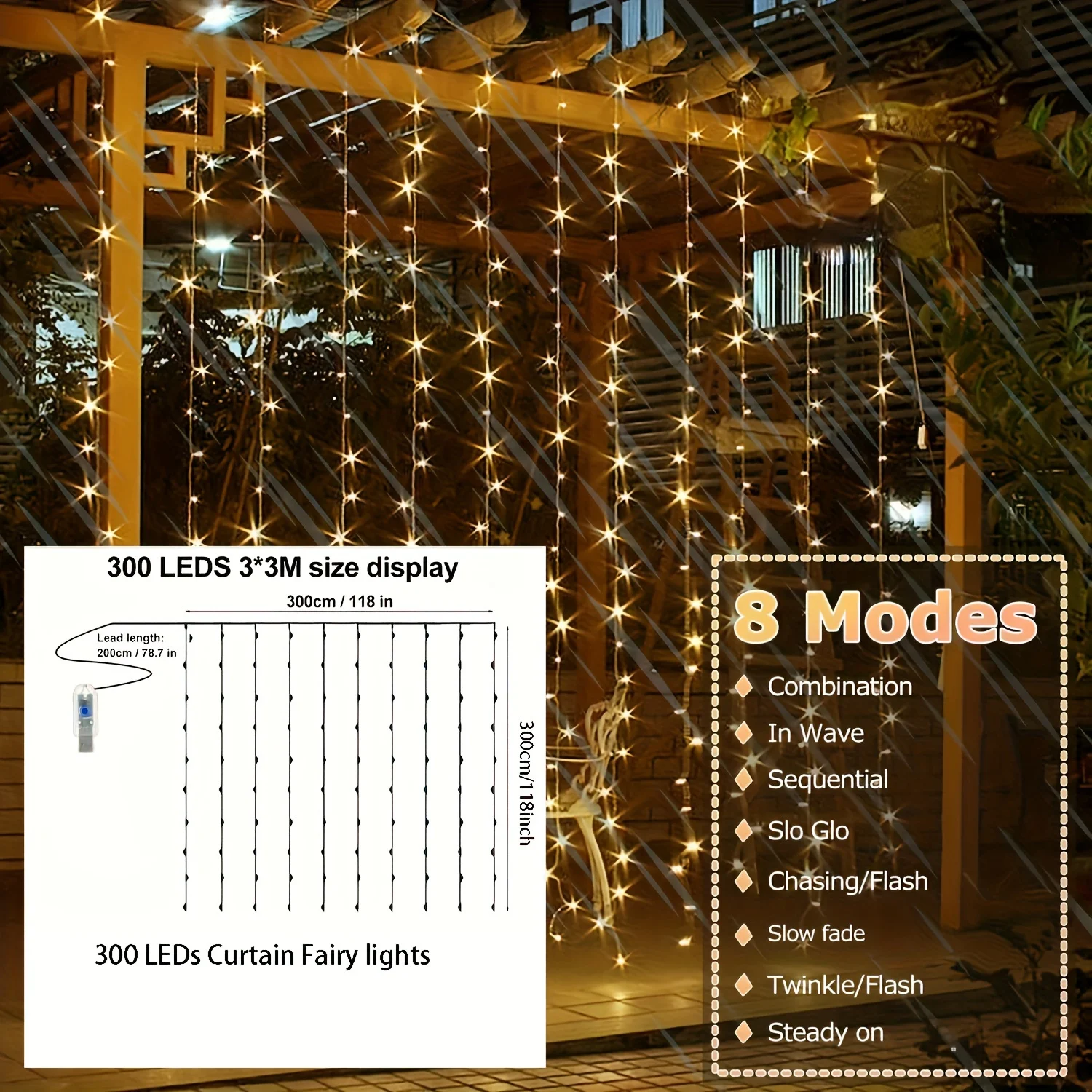 Гирлянда-занавеска с USB, 3 м, 8 режимов